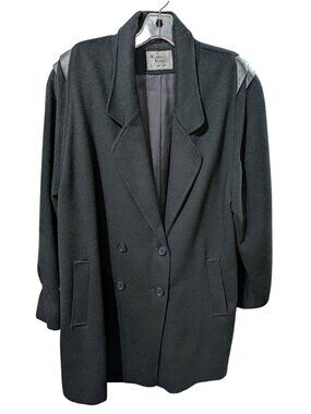 Black Wool Double Breasted Coat Kimberly Bennett sz 18 w/ Leather Accents 80s